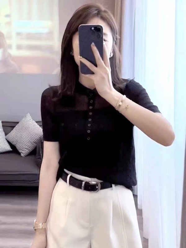 薄款冰絲針織衫女夏季2024新款短袖polo領顯瘦洋氣減齡上衣女夏季
