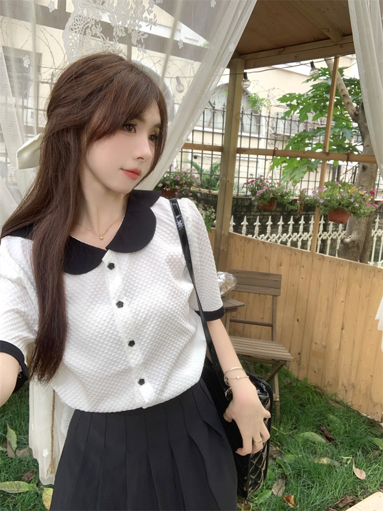 ~大碼女裝短袖襯衫女法式撞色夏季泡泡袖華夫格上衣
