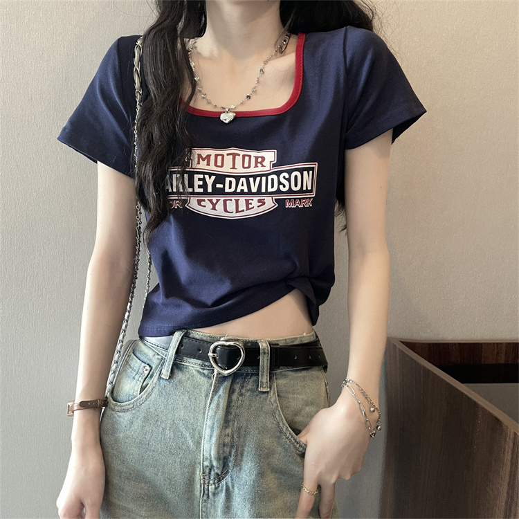 實拍短袖正肩t恤女夏方領洋氣獨特别致短款上衣小個子