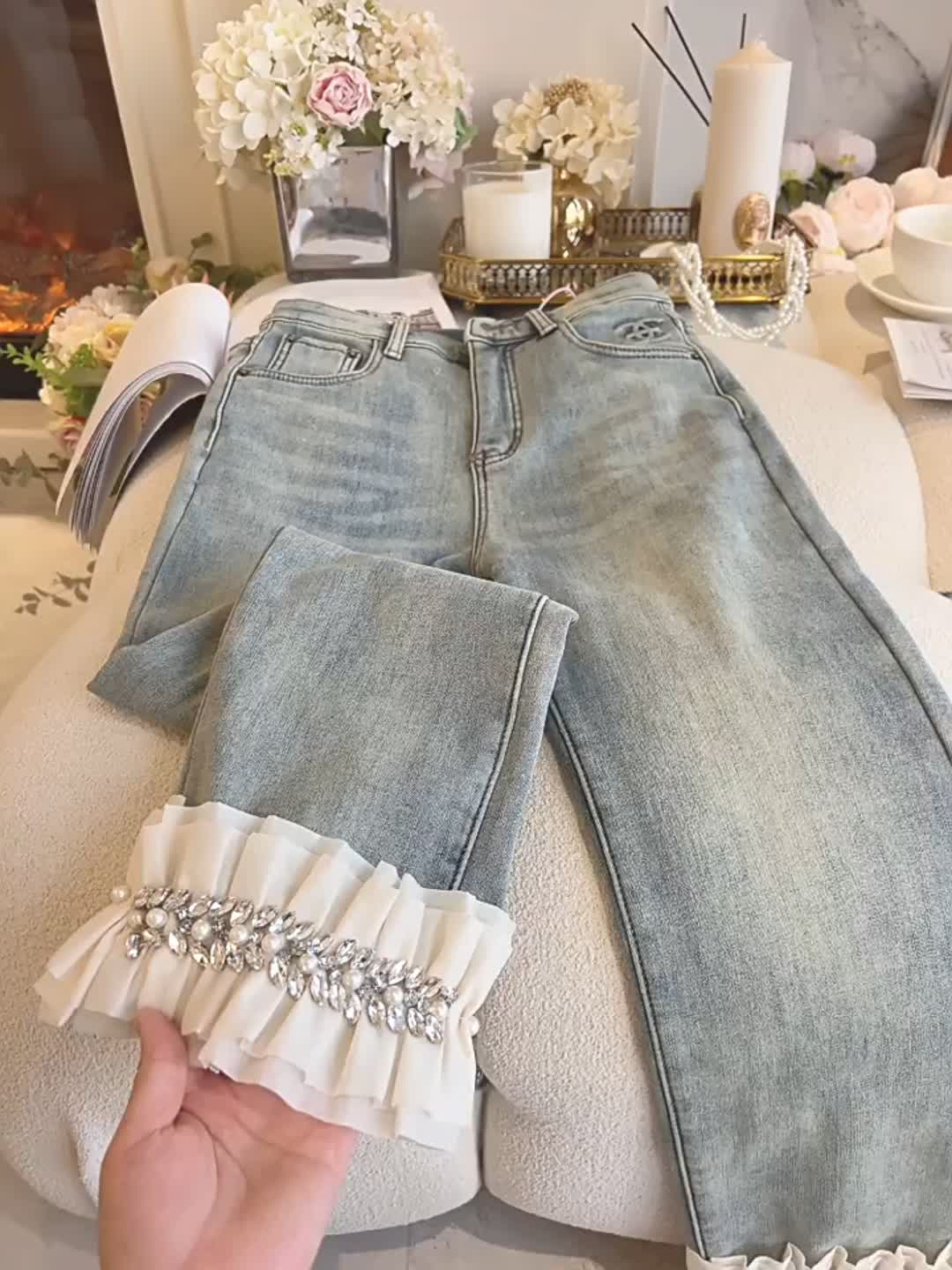 2024新款小個子藍色直筒牛仔褲高腰顯瘦重工釘珠九分煙管褲子女裝