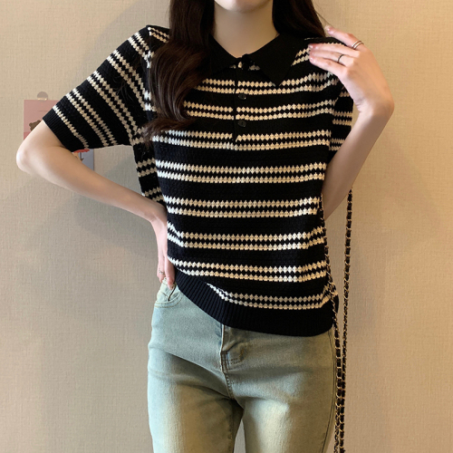 原版质量夏季韩版宽松POLO领条纹短袖针织衫上衣女