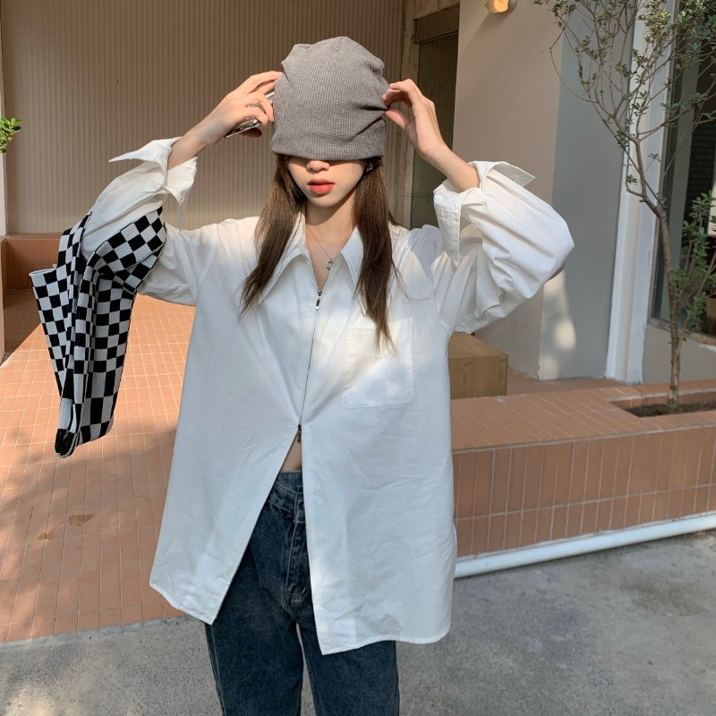法式拉鏈白色長袖襯衫女個性秋季新款設計感小眾寬鬆顯瘦襯衣上衣
