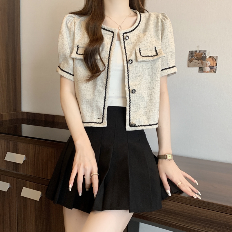 Real shot Xiaoxiangfeng short coat summer new women's contrasting edge round neck slim design niche jacket