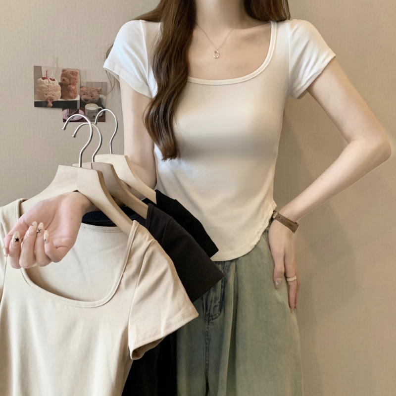 Real shot 40 count pure cotton 2024 summer design niche stretch short-sleeved T-shirt for women
