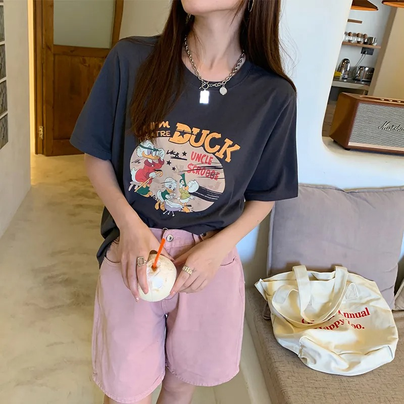 圓領寬鬆半袖小個子上衣印花體恤