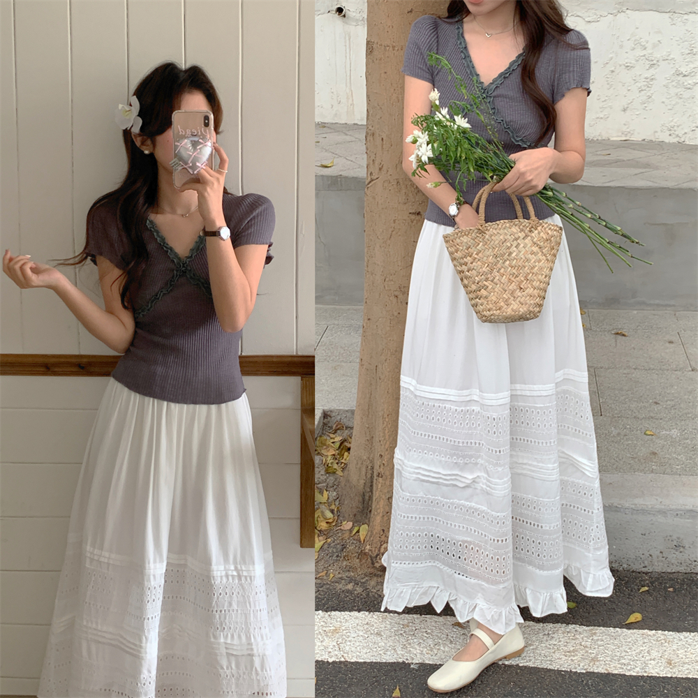 實拍！小眾復古超仙鏤空刺繡大擺半身裙長裙+花邊V領彈力T恤套裝