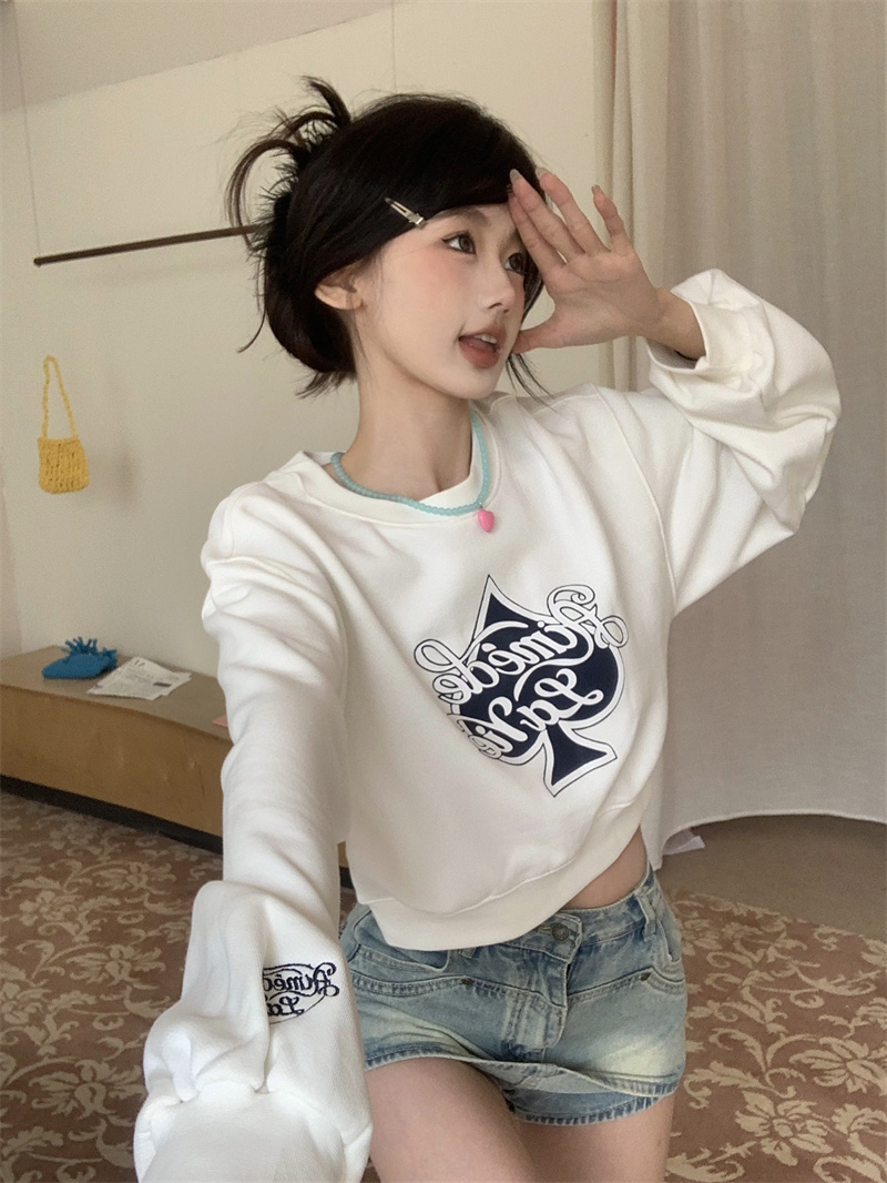 實拍 春季長袖短款衛衣女韓版圓領印花刺繡百搭顯瘦上衣女