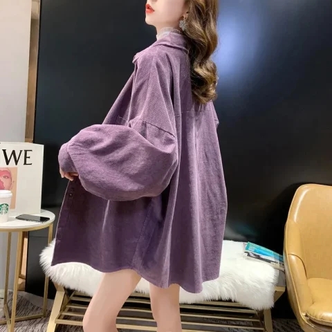 新款燈芯絨襯衣女2024春季長袖寬鬆慵懶上衣襯衫女百搭外套