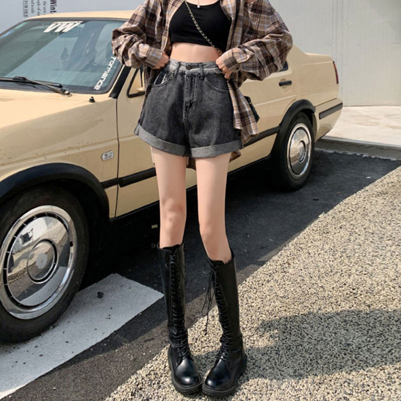 Designed denim straight shorts for women, new ins style loose wide-leg a-line hem high-waisted hot pants