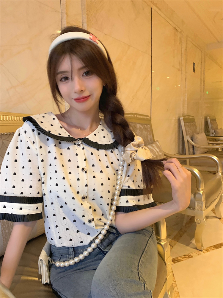 0010 Real shot~Large size women's doll collar shirt women's short-sleeved summer design niche French shirt top