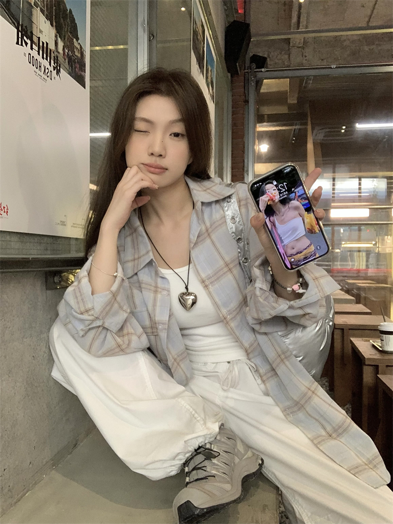 實拍~~韓系chic格子長袖襯衫格紋防曬衫開衫