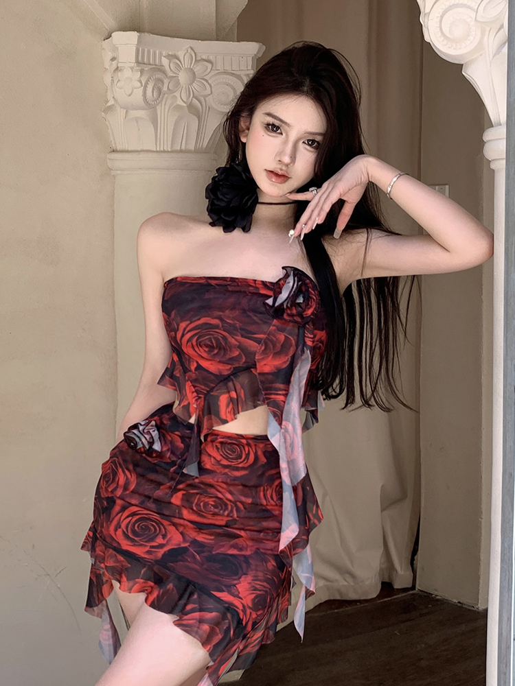 實拍  復古印花抹胸+不規則短裙套裝