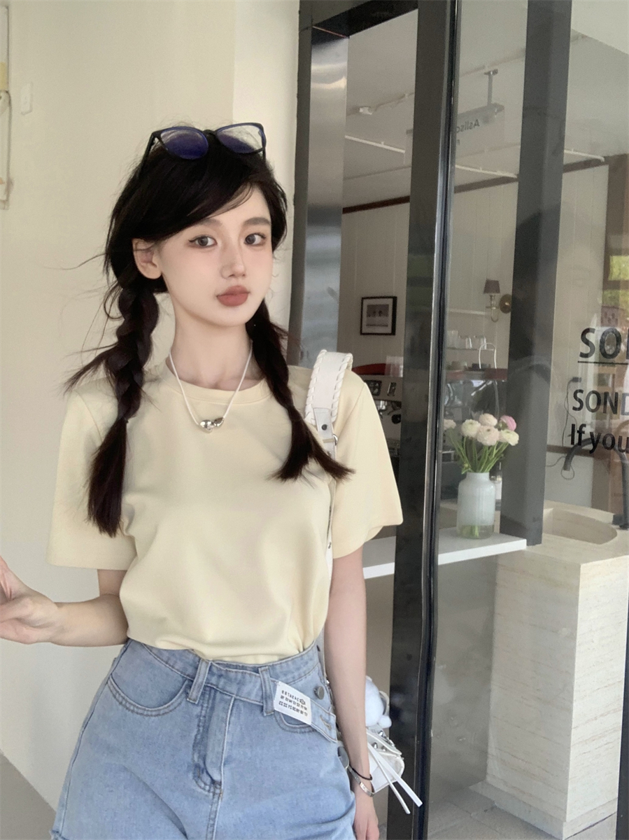 Real shot Korean ins ice cream color high quality embroidery simple basic t-shirt top short sleeve solid color
