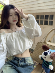 Shot~Shoulder-length Women's High-end Revealing Off-the-shoulder Pure Desire Sexy Bubble Sleeve Sweet Bustier Shirt