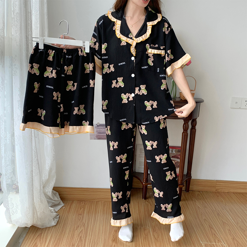 尚優衣品泡泡棉睡衣女三件套短袖短褲長褲夏季韓版開衫翻領家居服