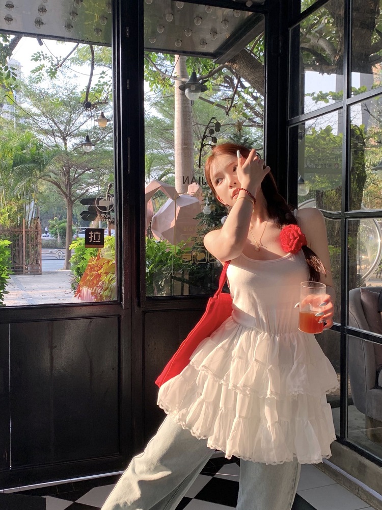 實拍 芭蕾風花邊蛋糕裙吊帶背心連衣裙