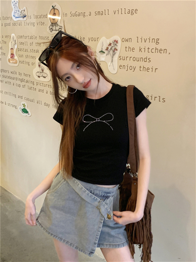 實拍美式正肩辣妹短袖T恤蝴蝶結黑色T恤彈力修身顯瘦黑色上衣