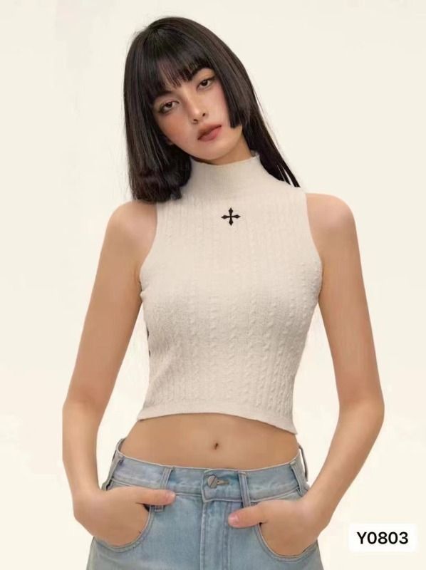 2024夏季新款高街辣妹半高領刺繡針織背心
