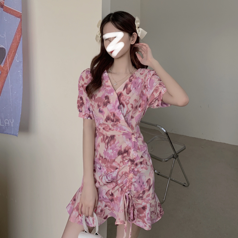 辣妹設計感小眾連衣裙女扎染不規則抽繩收腰a字短裙