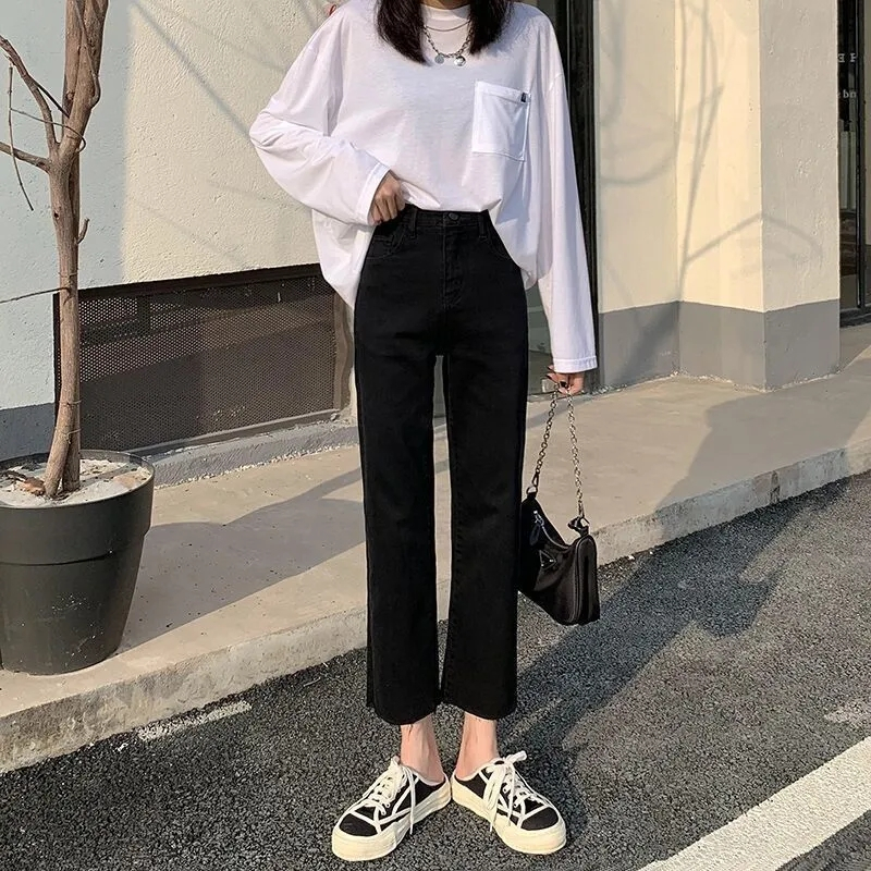 Jeans women's black high-waisted slim stretch straight pants spring and autumn new style BF style student versatile nine-point pants