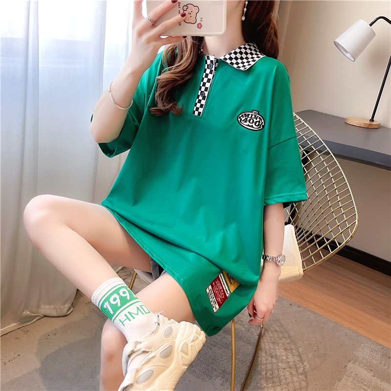 實拍 夏裝韓版寬鬆珠地布印花POLO領印花上衣中長款大碼短袖T恤女