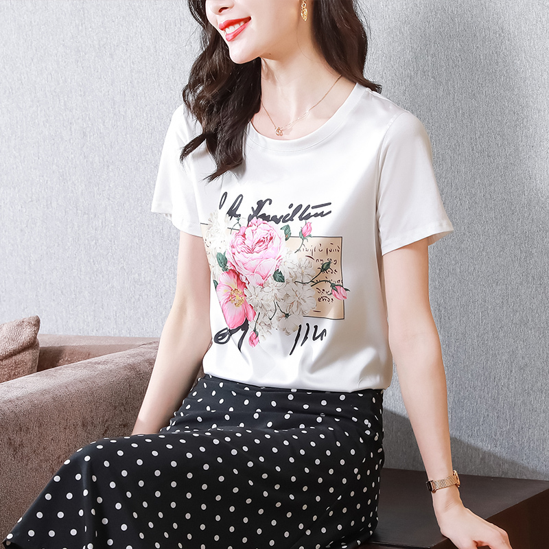 實拍真絲t恤女短袖印花桑蠶絲白色圓領小衫2024夏裝半袖短款上衣