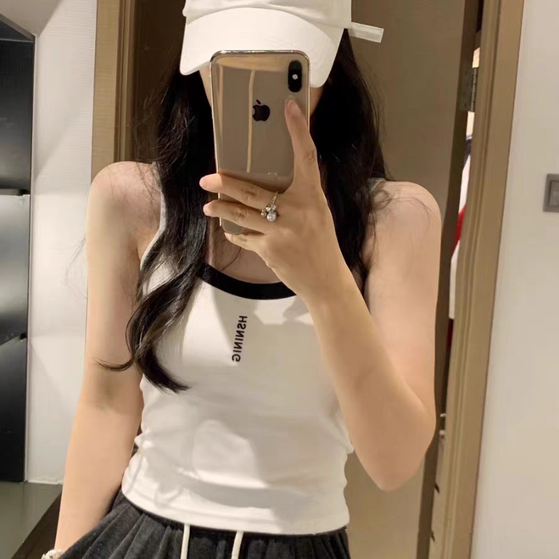 辣妹修身顯瘦帶胸墊背心女夏撞色字母貼標短款上衣內搭