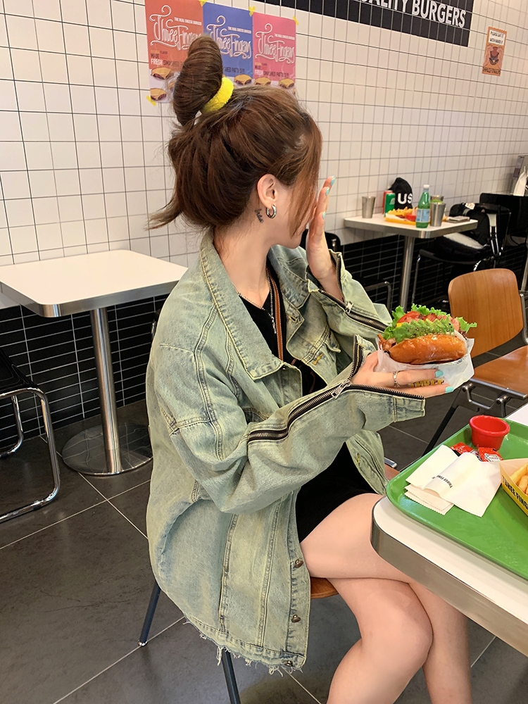 大C來也牛仔外套女春秋季2024新款寬鬆休閒美式復古上衣夾克潮ins