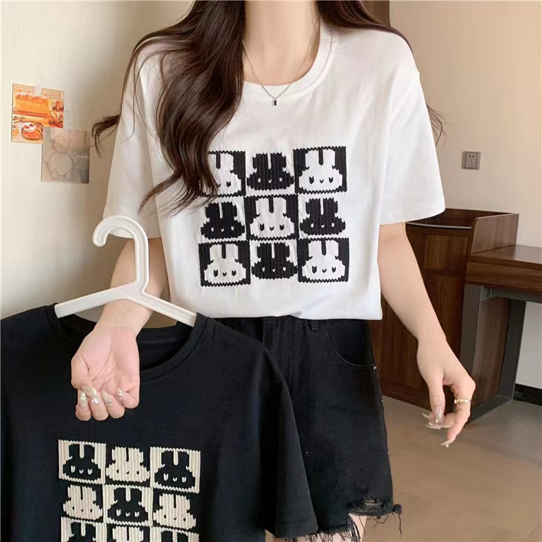 實拍純棉2024夏季新款寬鬆洋氣繡花百搭短袖上衣女