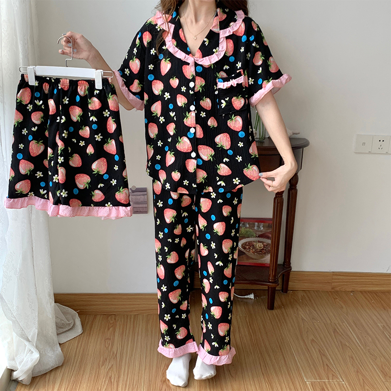 尚優衣品泡泡棉睡衣女三件套短袖短褲長褲夏季韓版開衫翻領家居服
