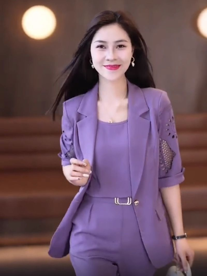 職業西裝三件套女2024新款時尚夏季顯瘦洋氣質哈倫褲套裝薄
