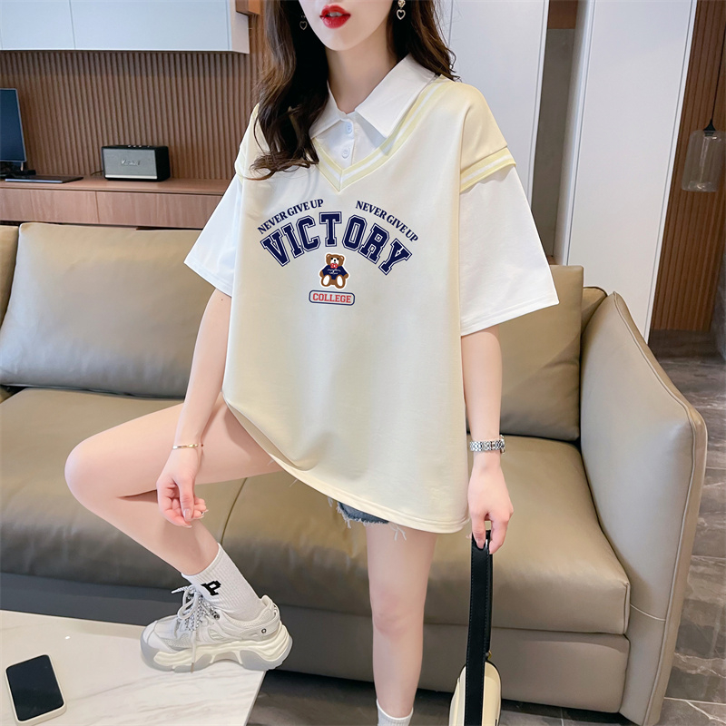 Real shot 2024 summer Korean style loose fake two-piece cartoon print M-3XL large size short-sleeved T-shirt for women