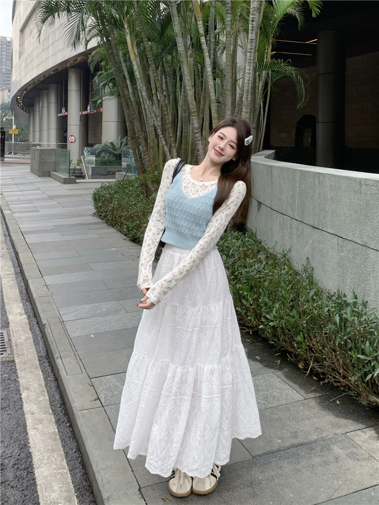實拍~韓系甜美疊穿針織背心碎花T恤繡花半身裙2024學院風套裝