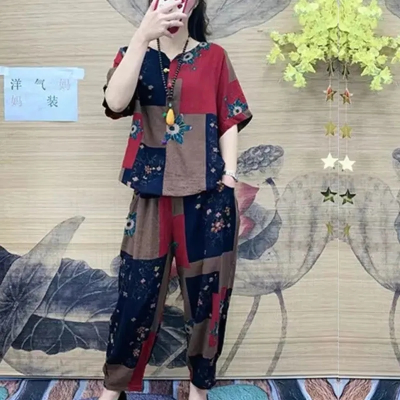 L到5XL大碼中老年夏季女裝套裝洋氣寬鬆短袖媽媽裝遮肚子顯瘦兩件