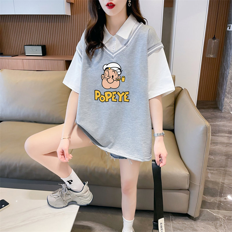 Real shot 2024 summer Korean style loose fake two-piece cartoon print M-3XL large size short-sleeved T-shirt for women