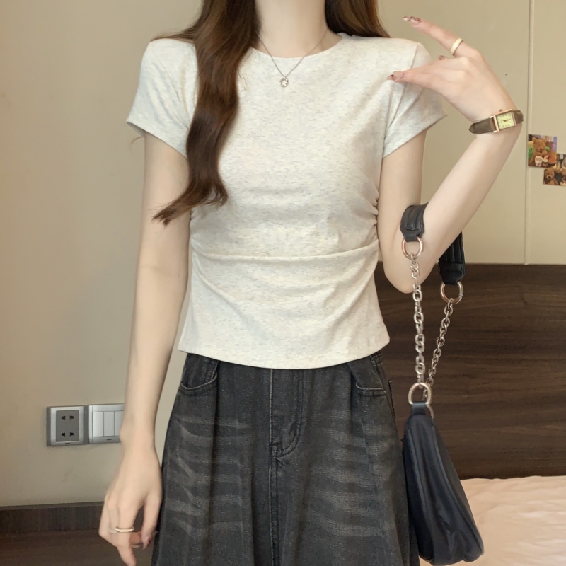 Real shot 40 count pure cotton 2024 summer American hot girl waist T-shirt small flying sleeves pleated short sleeves