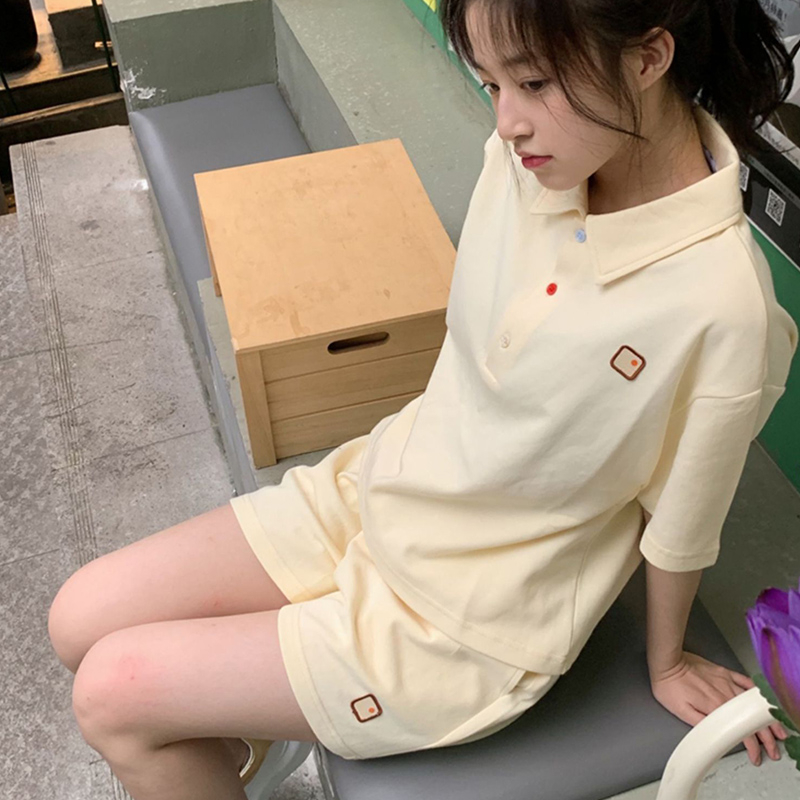學生運動休閒套裝女夏季韓版減齡寬鬆POLO領短袖T恤短褲兩件套女