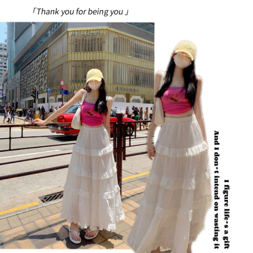 Internet celebrity petite gentle style new crochet skirt women's summer high-waisted a-line skirt cake skirt white long skirt S-XXL