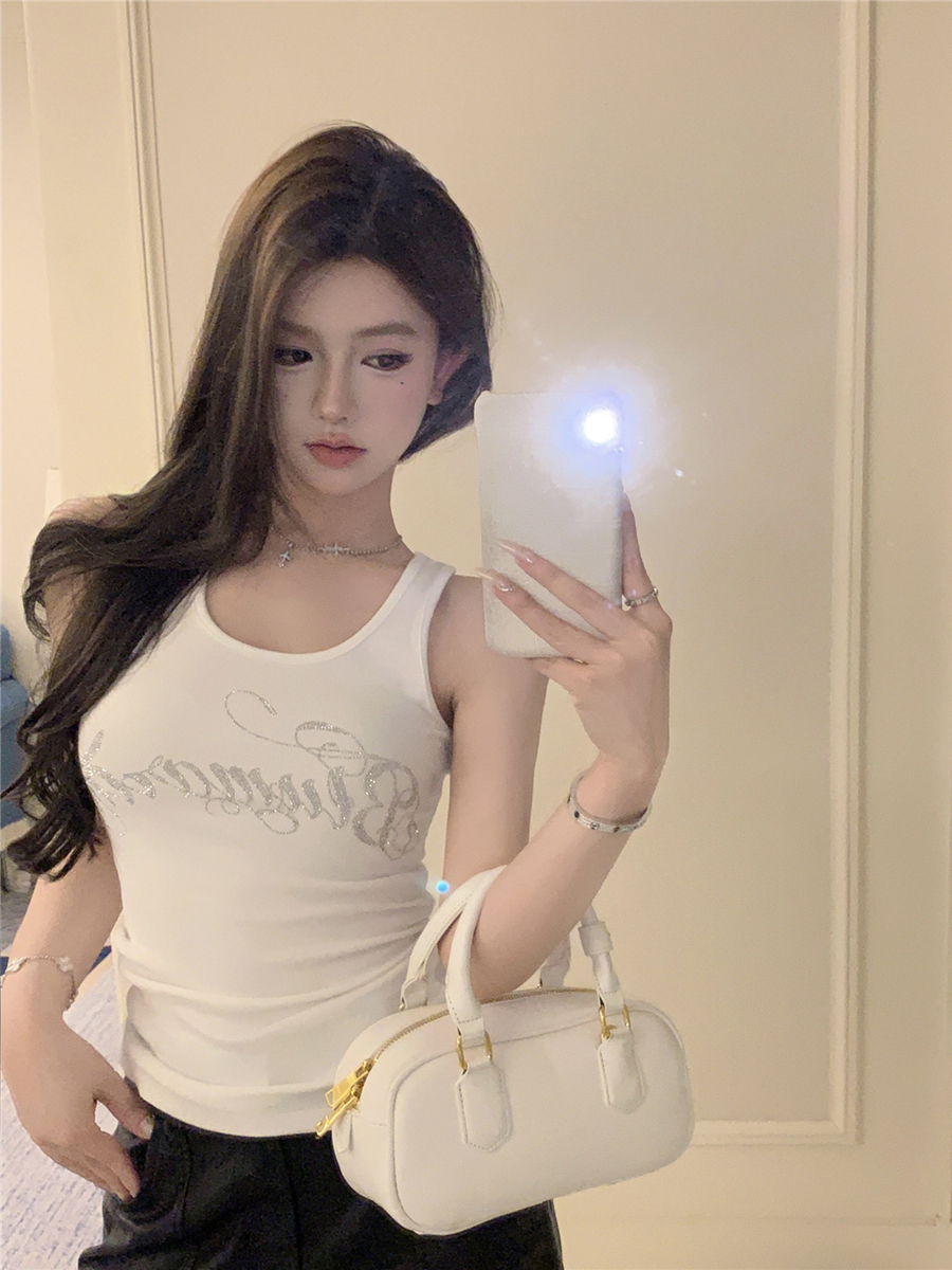 實拍復古性感辣妹閃鑽緊身顯瘦百搭休閒外穿背心上衣女