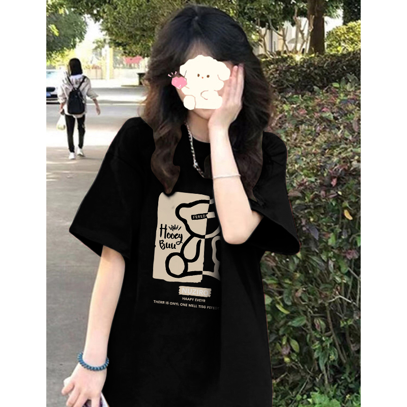 230克純棉包領高品質天貓質量2024初夏短袖純棉印花T恤女