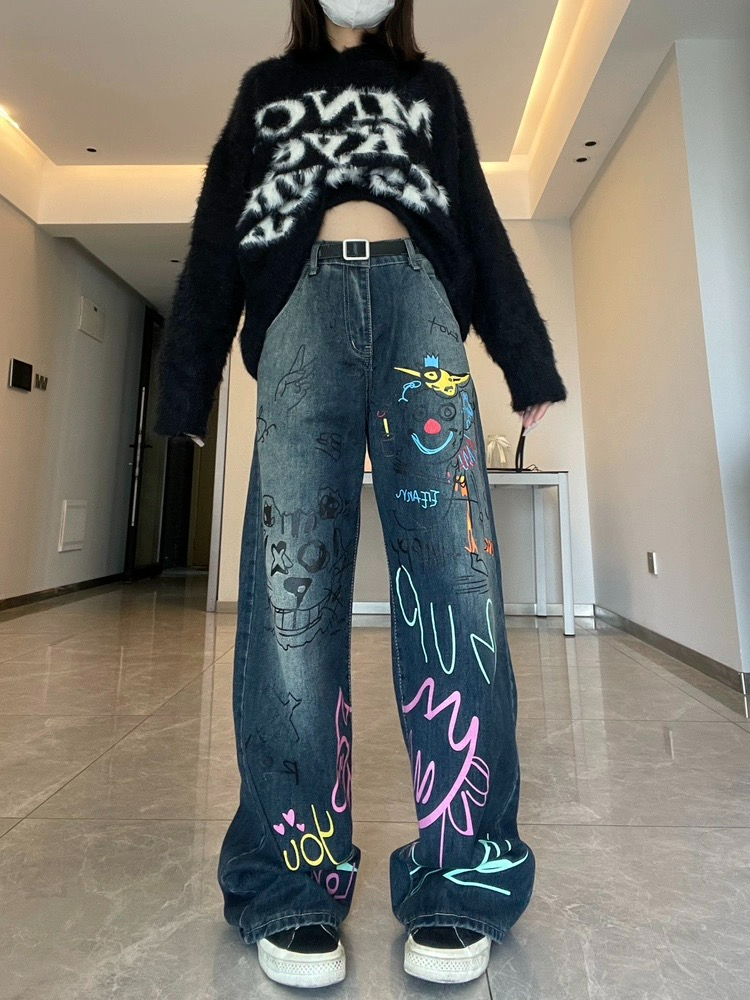 American retro high street graffiti jeans for women, new slim, loose straight trousers for four seasons, washed and worn outside