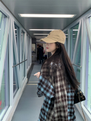 Real shot American retro all-match loose brushed letter embroidered plaid shirt long-sleeved jacket top