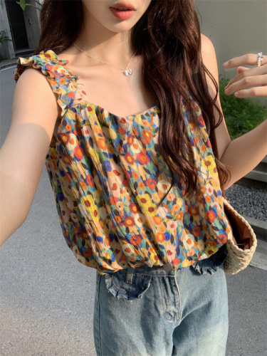 Floral pleated vest for women in summer Korean style new fashion slim design fungus side wear suspender top trendy
