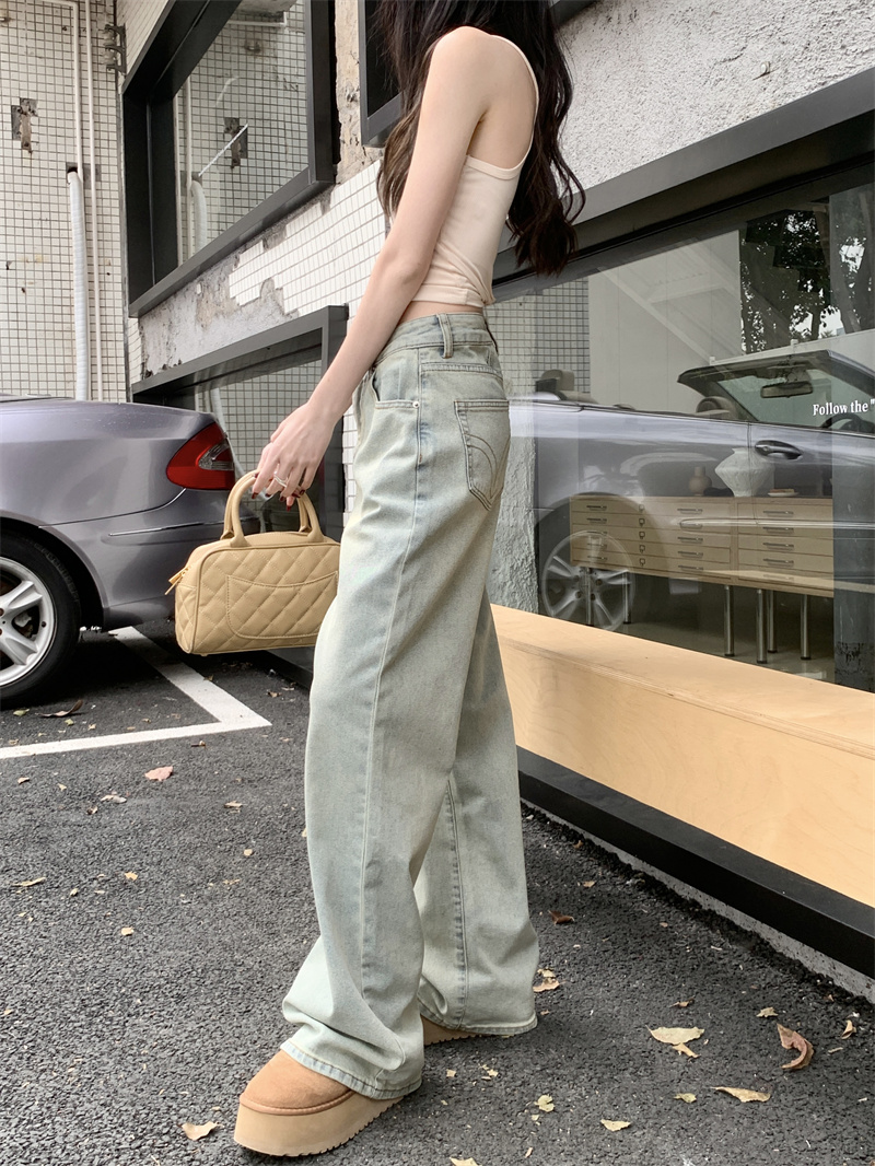 實拍 新款高腰寬鬆顯瘦刺繡直筒百搭長牛仔褲女