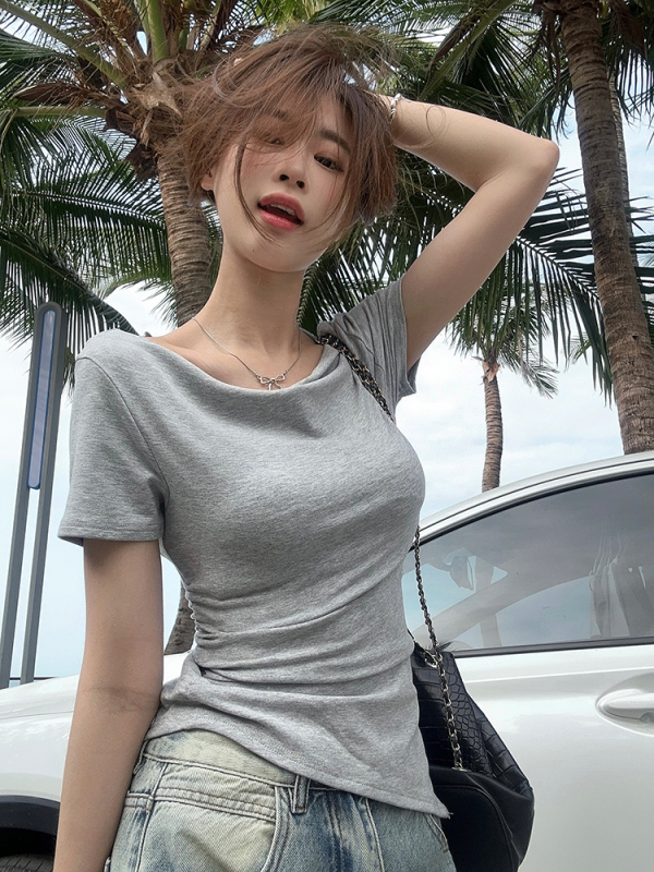 實拍~網紅款純欲風顯瘦修身不規則短袖T恤