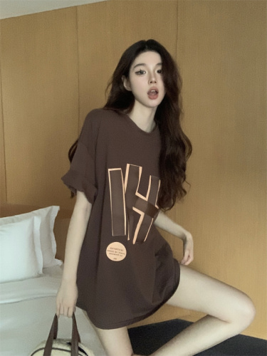 Real shot of spring and summer Hong Kong style ins style simple letters loose short-sleeved T-shirt with mid-length top for women