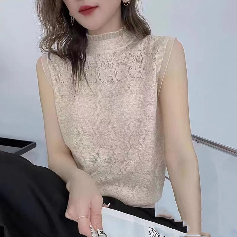 2024 Spring and Summer Organza Spliced ​​Knitted Vest Pullover Suspension Hollow Thin Bottoming Shirt Ice Silk Sleeveless Top