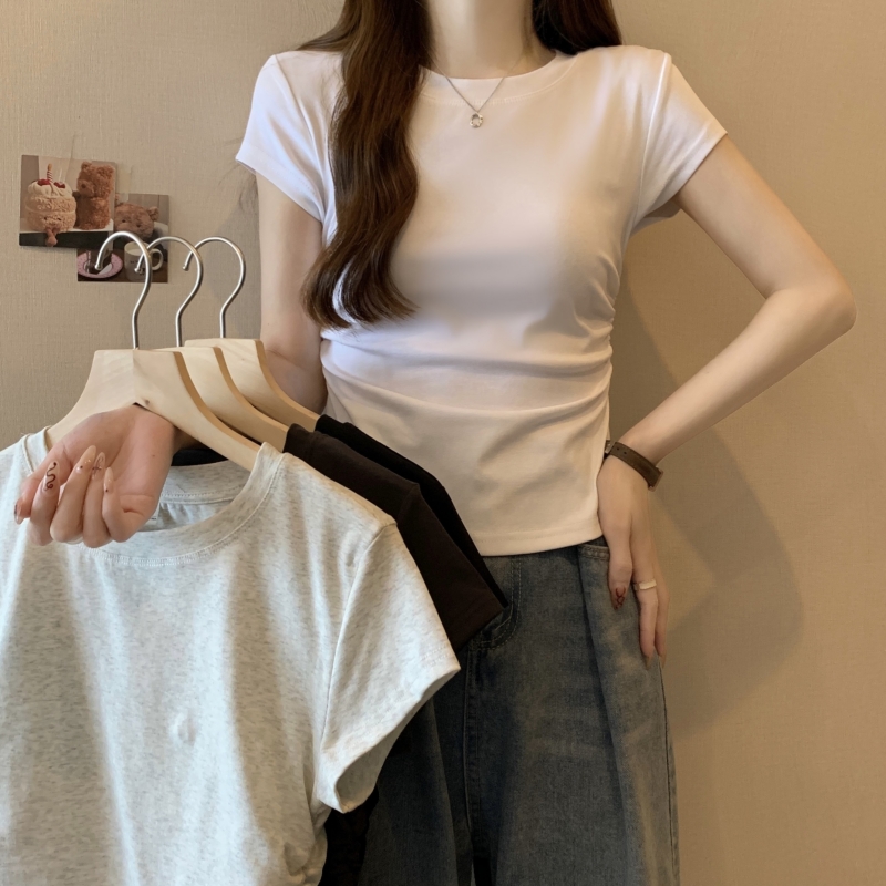 Real shot 40 count pure cotton 2024 summer American hot girl waist T-shirt small flying sleeves pleated short sleeves