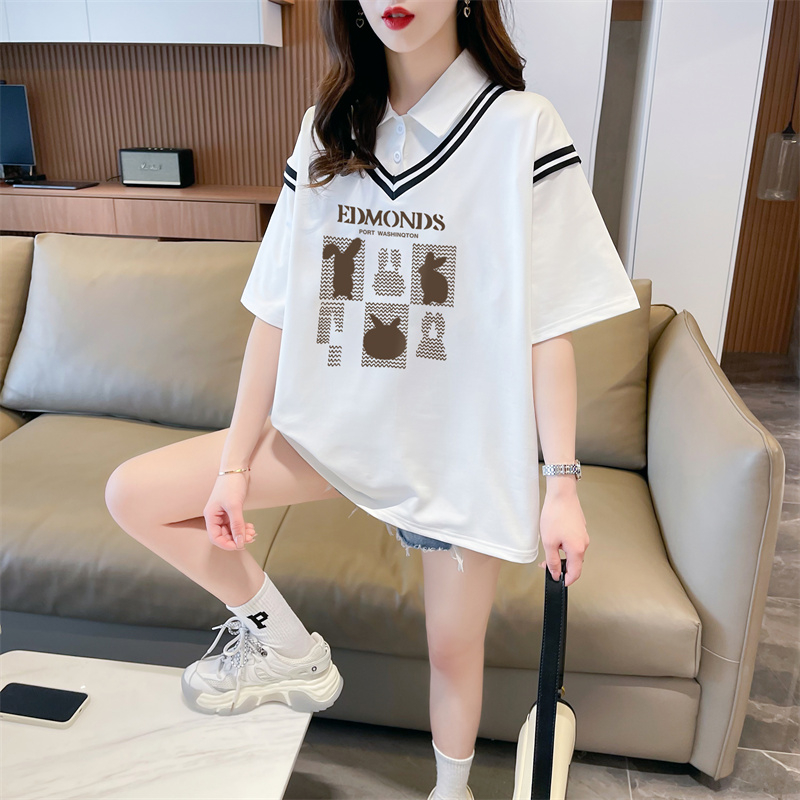 實拍 2024夏裝韓版寬鬆假兩件卡通印花M-3XL大碼短袖T恤女
