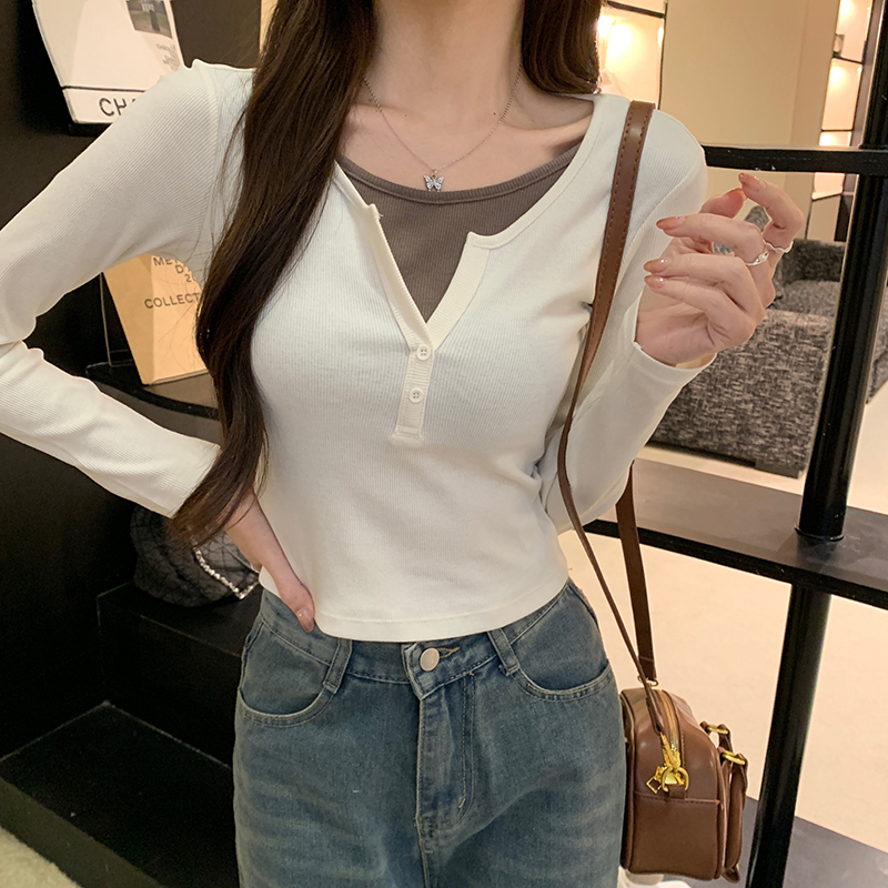 實拍春秋2*2螺紋220克長袖t恤女修身假兩件打底衫圓領上衣女裝